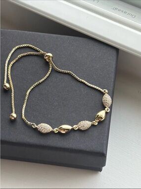 Dainty Gold Plated Pavé Oval Link Adjust Slider Bracelet Minimalist Stackable